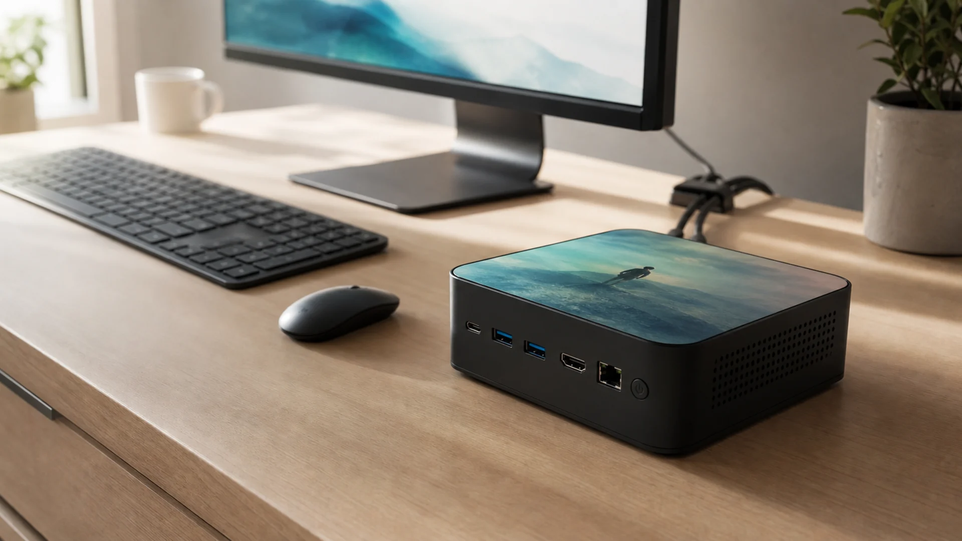 Personalized compact mini PC on a modern desk