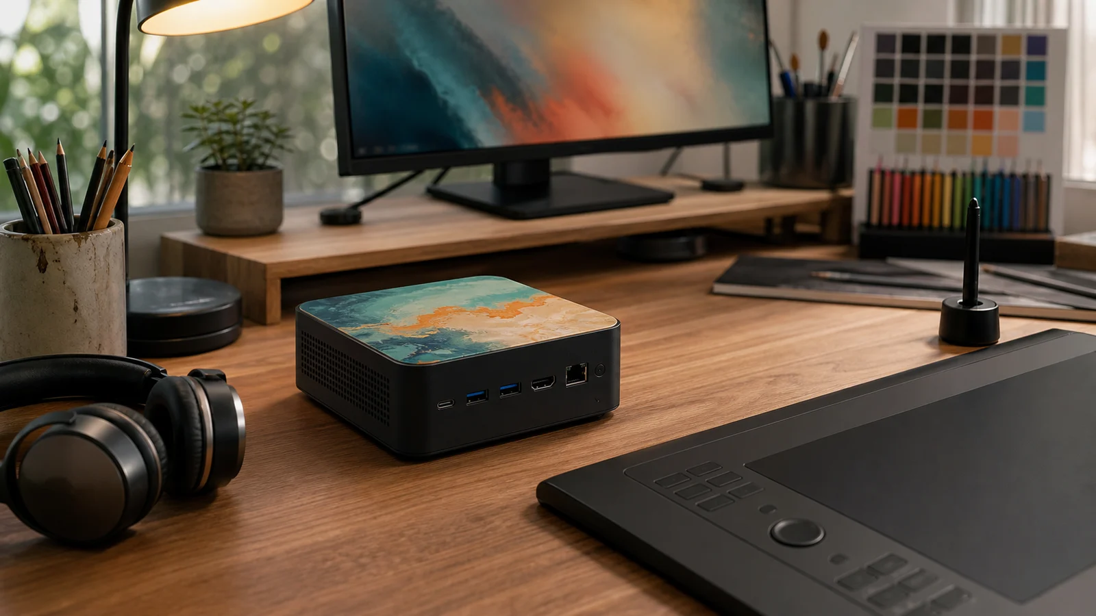 Creator desk setup with personalized mini PC